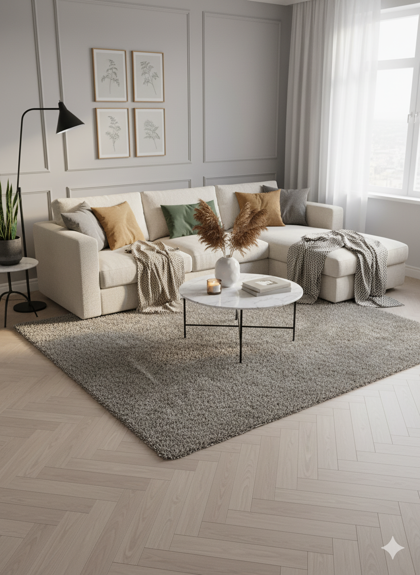 Tapis carré à poils courts de couleur gris-beige clair (taupe) uniforme. Coupe très dense et aspect velouté. Dimensions250x250 cm.