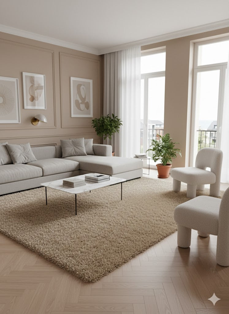 Tapis rectangulaire extra-long à poils courts de couleur brun caramel uni. Texture très dense et aspect velouté. Dimensions220x400 cm.