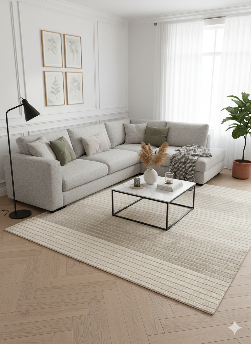 Tapis rectangulaire à poils courts de couleur beige clair et taupe, structuré par des bandes horizontales. Design moderne et minimaliste. Dimensions 170x240 cm.