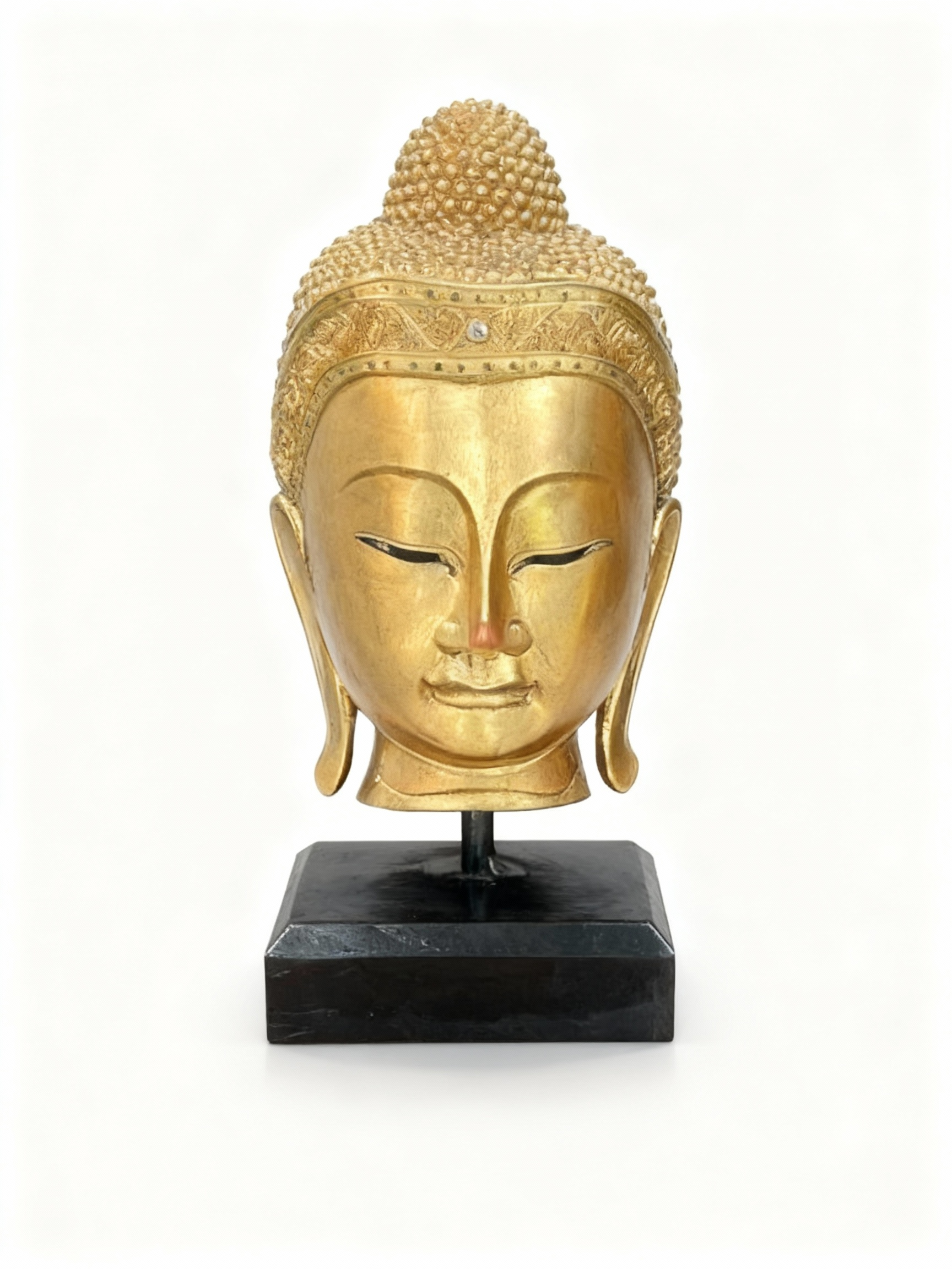 Gilded Thai-style Buddha Head sculpture with smooth, bright gold finish and serene expression, mounted on a black pedestal