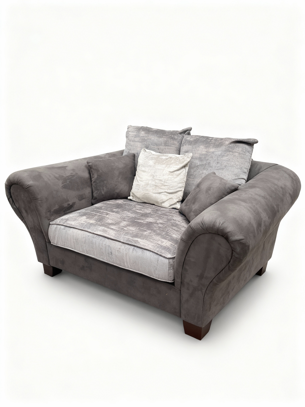 Wide, modern 1.5-seater armchair upholstered in soft brown velvet fabric, designed for two people to sit closely, perfect for snuggling.