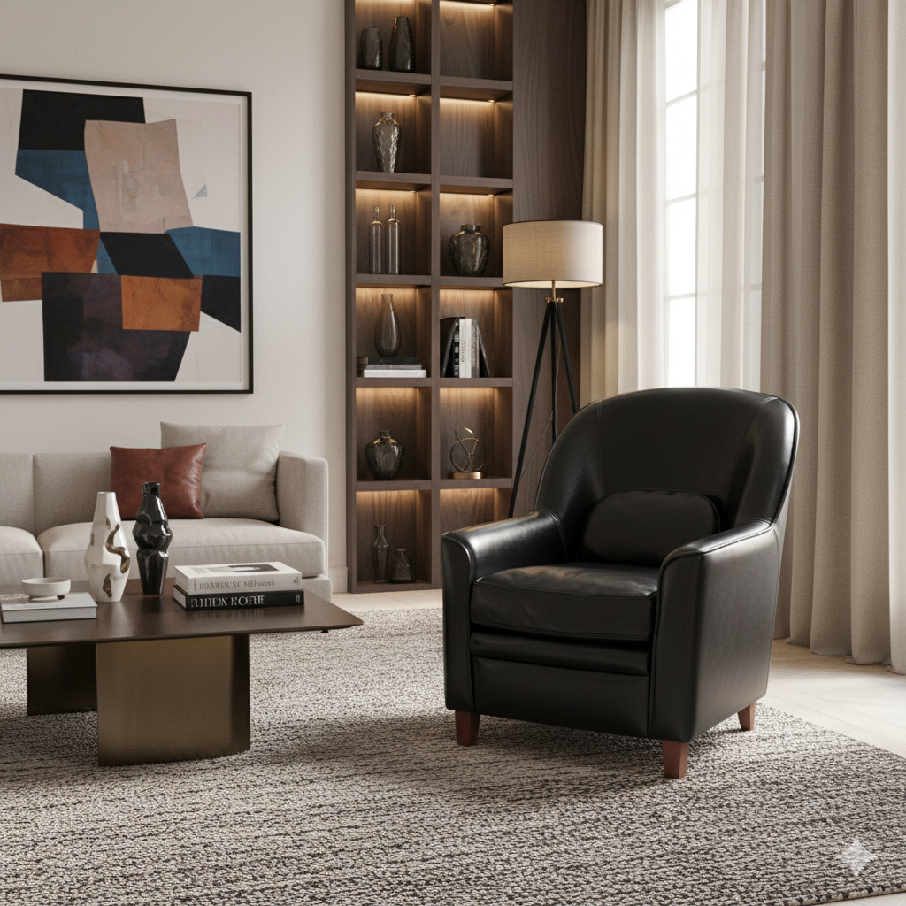 Classic "Timeless Luxury" club armchair upholstered in thick black full-grain leather, featuring a rounded, enveloping silhouette and fine black piping.