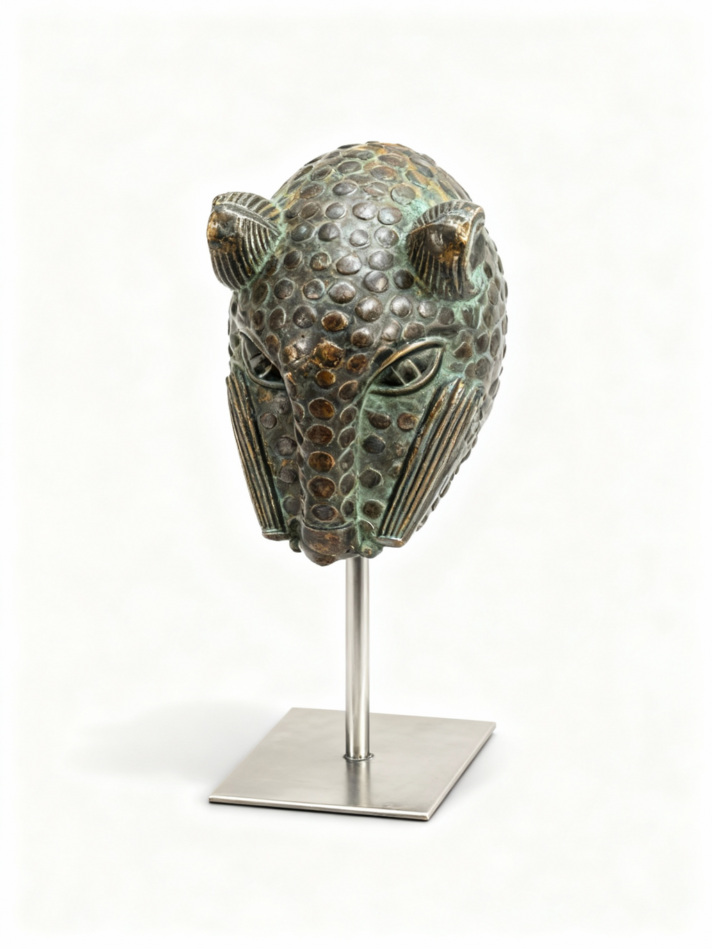 Tribal feline head sculpture in bronze with verdigris patina on a modern stand
