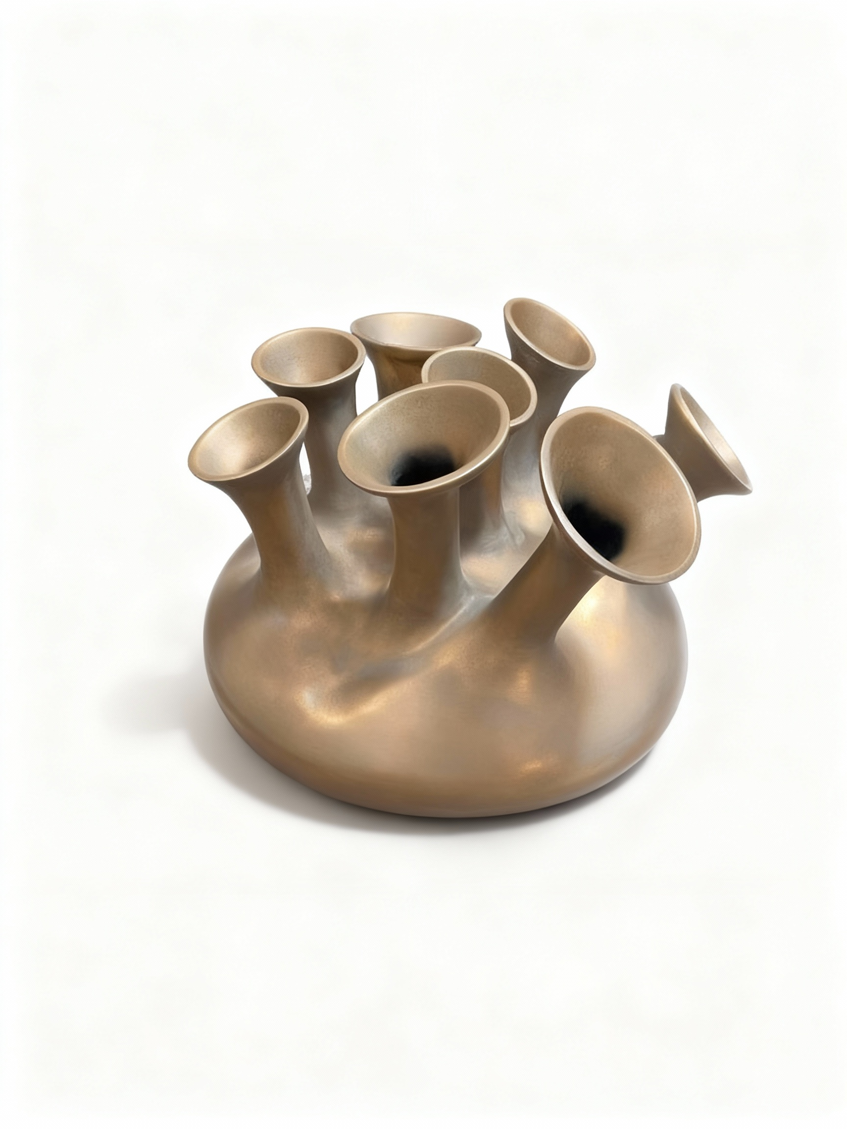 Low, rounded "Trumpet" vase sculpture with multiple slanted necks and a brushed gold/bronze metallic patina finish