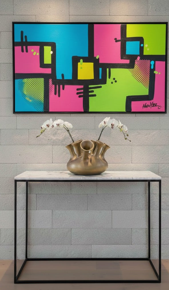 Low, rounded "Trumpet" vase sculpture with multiple slanted necks and a brushed gold/bronze metallic patina finish