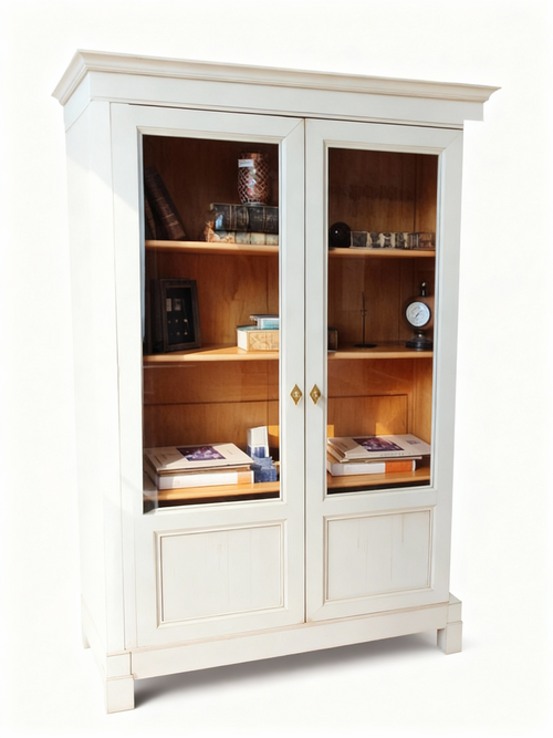 2-door cherry wood display cabinet with grey lacquer exterior and glass doors