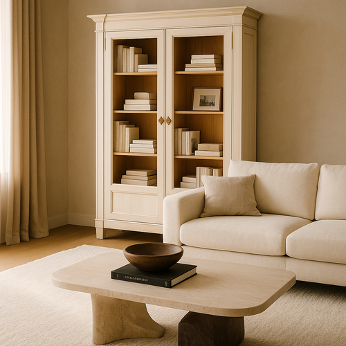 Interior shelving detail of the cherry wood display cabinet with warm patina