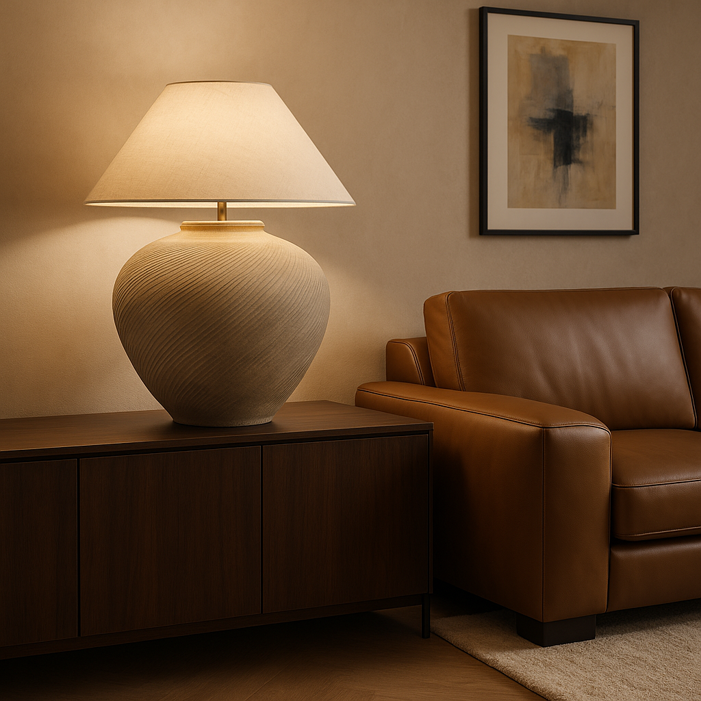 Artisan table lamp with a tall, textured, rustic pot base featuring relief striations and an aged patina. Topped with a large, light-toned conical lampshade.