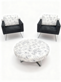 VIRGOLA set with two low black velvet armchairs on chrome legs and round floral coffee table