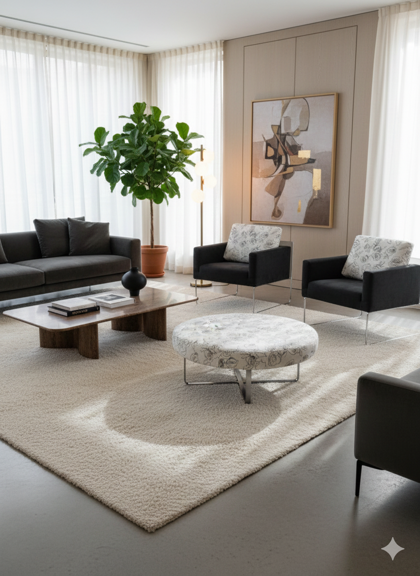 "VIRGOLA" 3-piece set including two low armchairs in deep black fabric and a round coffee table/ottoman with off-white and black floral graphic print, all on chrome legs