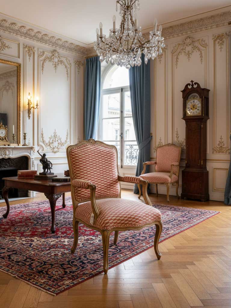 Louis XV style "Versailles" armchair with a carved, patinated wood frame and a high à la Reine backrest, upholstered in striking red/coral and off-white geometric fabric.