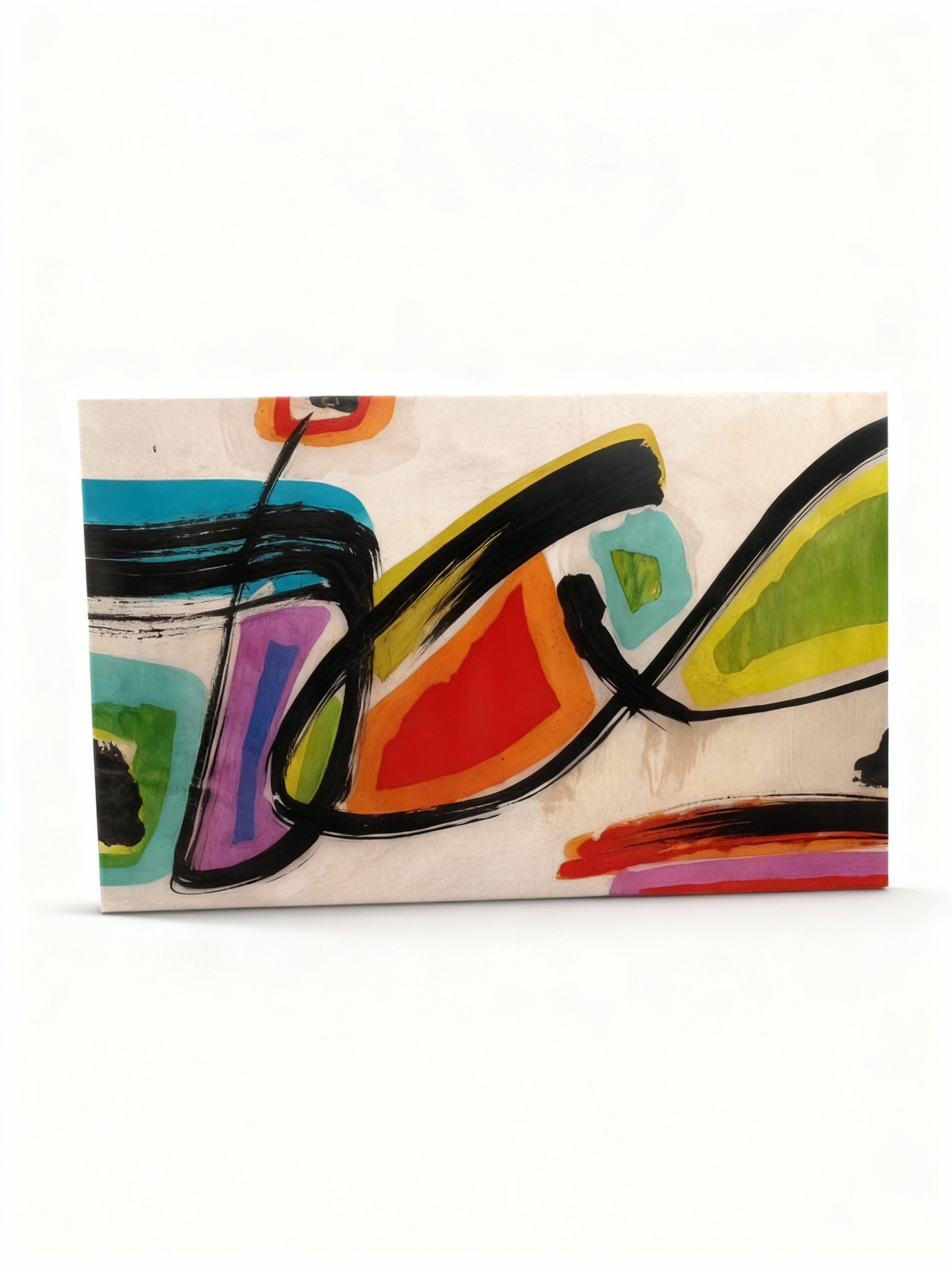 Large vibrant abstract art 180x120 under glossy Plexiglass, with black lines and colors red, green, turquoise