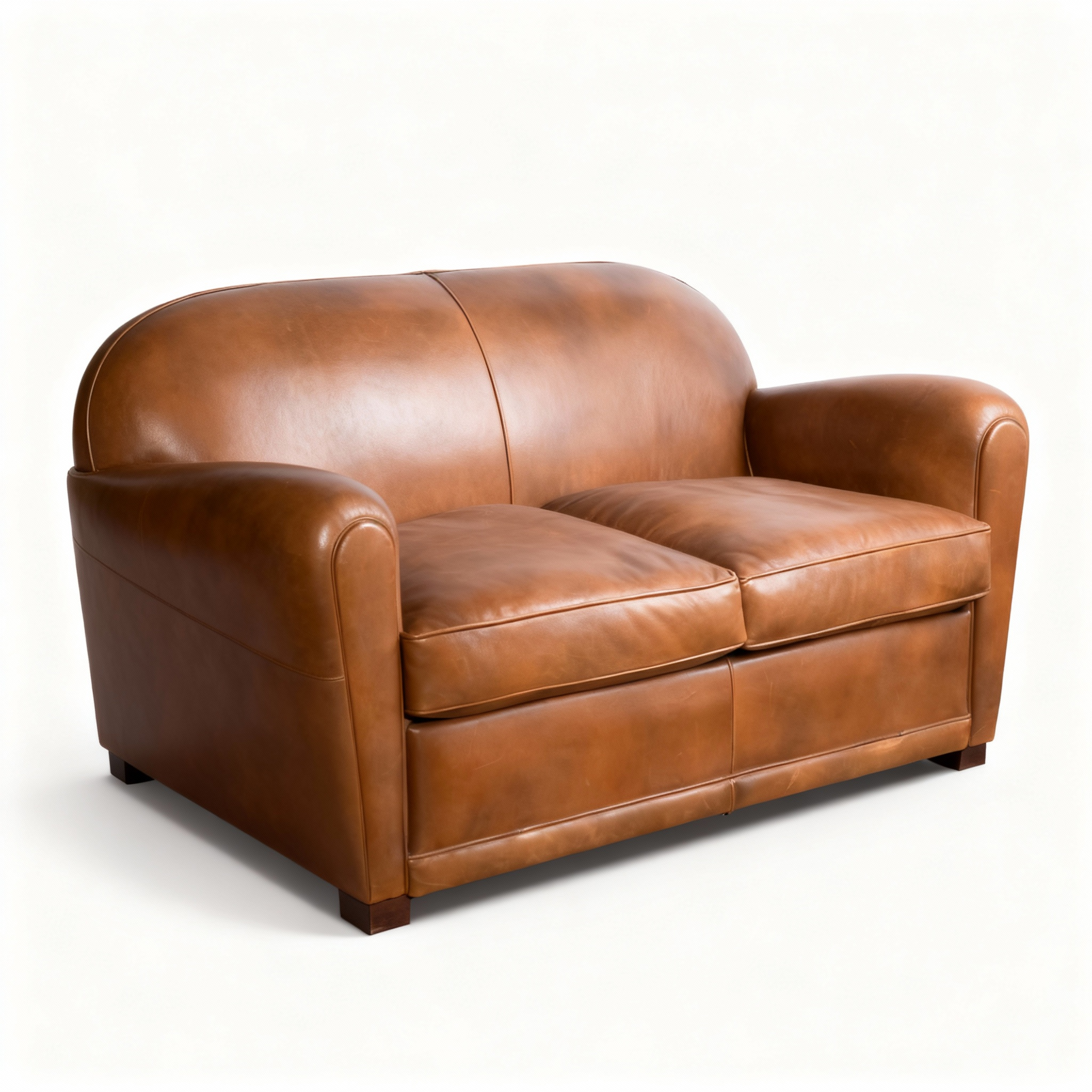 Vintage-inspired 2-seater Club sofa upholstered in rich camel-brown Basane leather, featuring rounded, enveloping lines and a deep, comfortable seat.