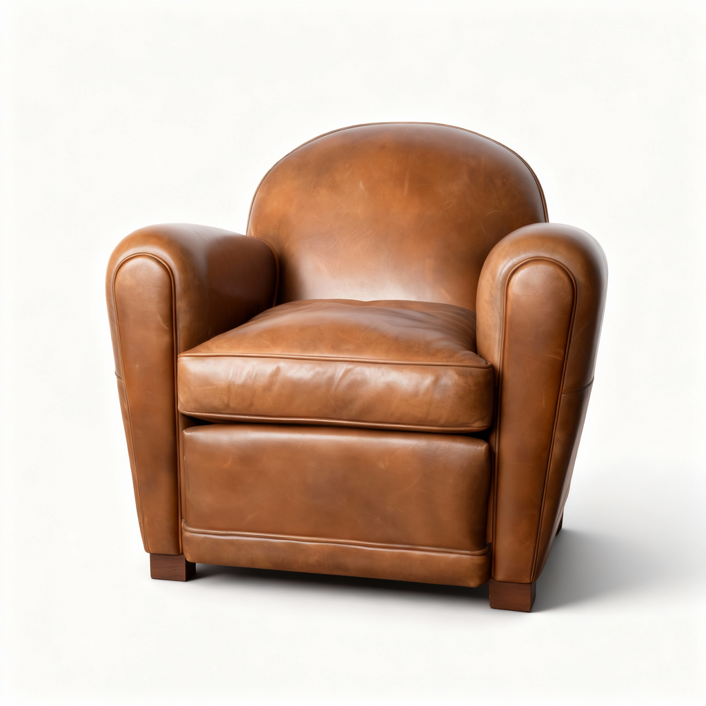 Classic club armchair inspired by the 1930s, upholstered in rich camel-brown Basane cowhide leather, featuring an enveloping rounded design and deep seating.