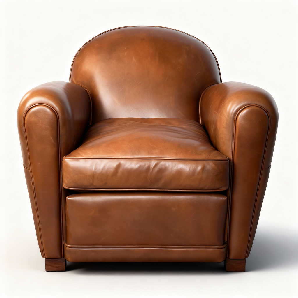 Classic club armchair inspired by the 1930s, upholstered in rich camel-brown Basane cowhide leather, featuring an enveloping rounded design and deep seating.