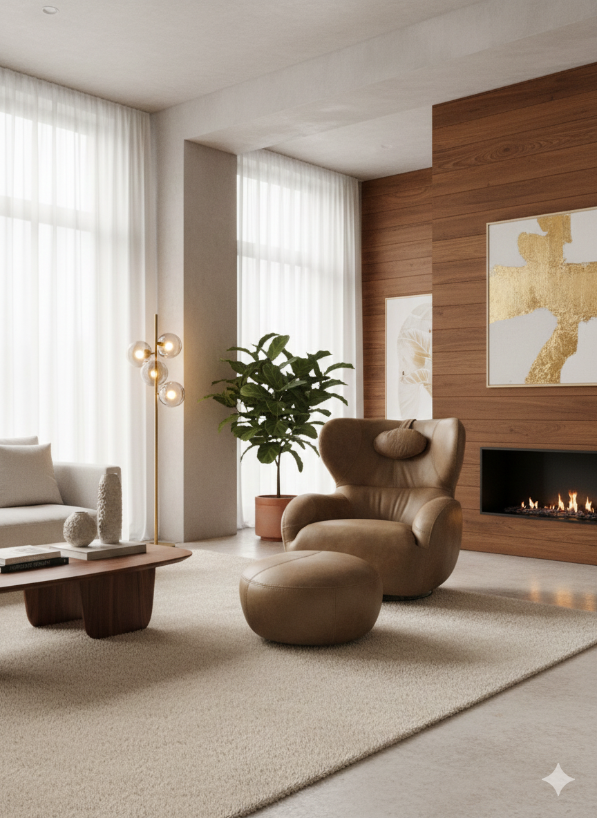 Ensemble Ella fauteuil et pouf cuir brun – livraison Belgique Gand outlet premium