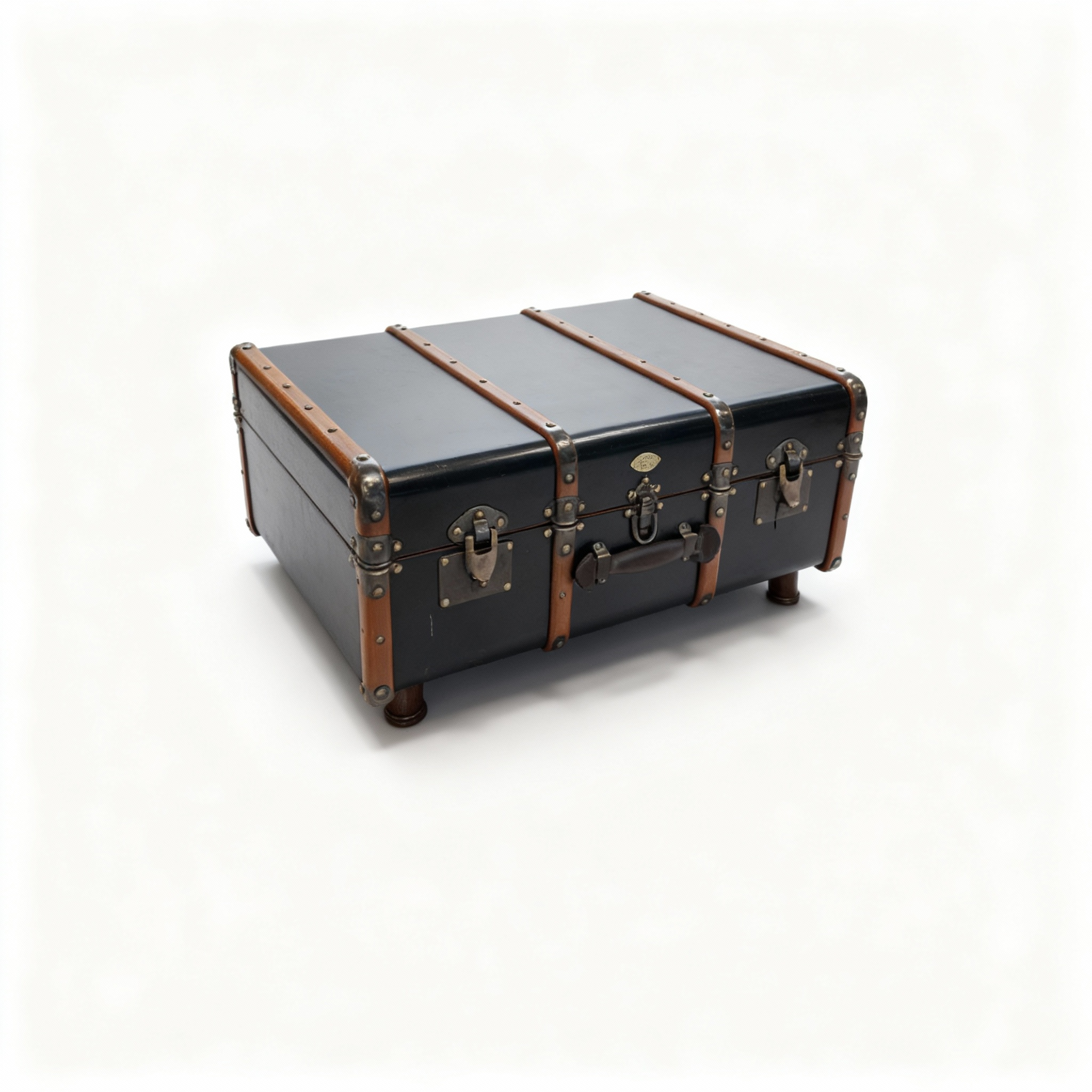 Authentic vintage-style travel trunk coffee table (84x82x42cm) with dark finish, decorative wooden straps, reinforced brass corners, and internal storage