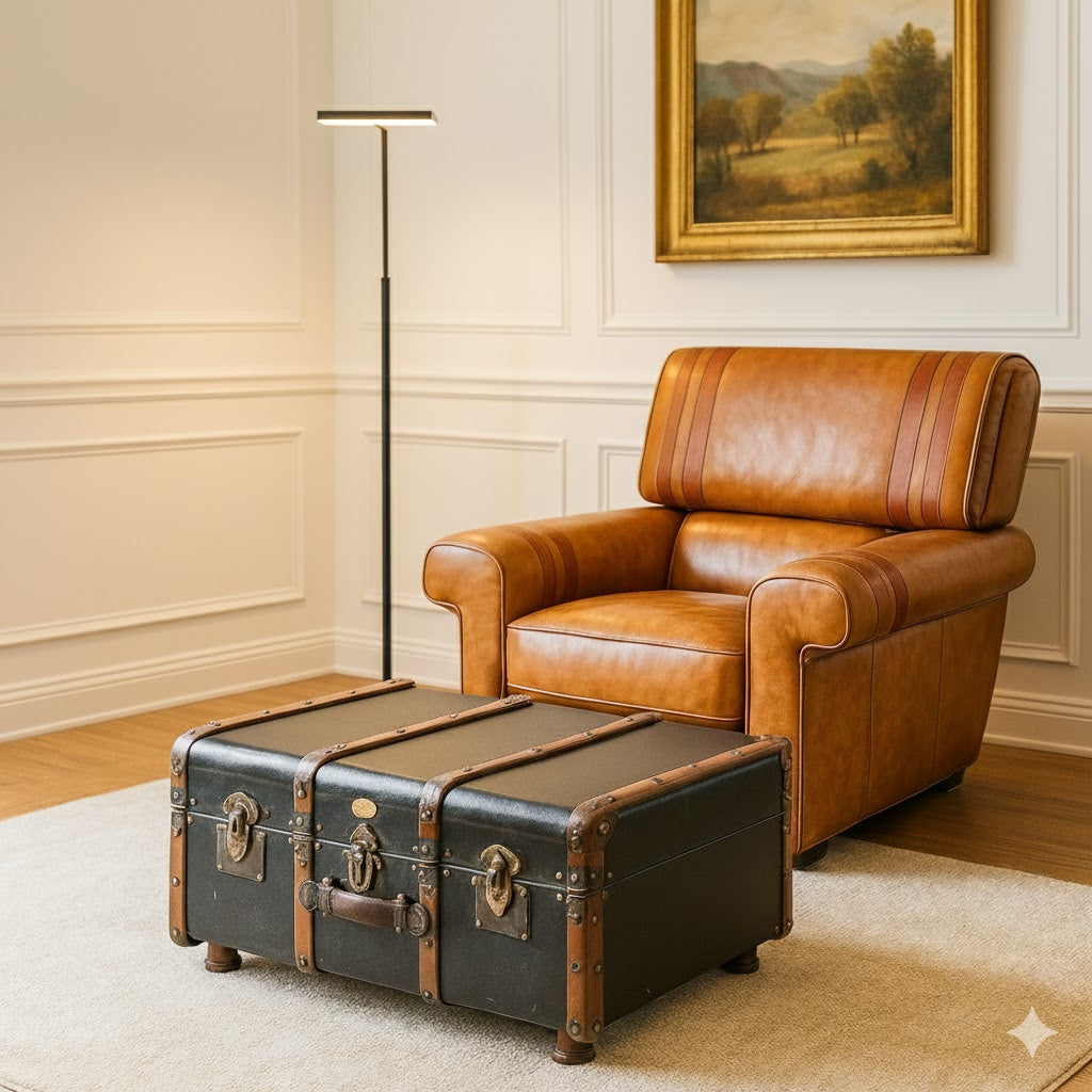 Authentic vintage-style travel trunk coffee table (84x82x42cm) with dark finish, decorative wooden straps, reinforced brass corners, and internal storage