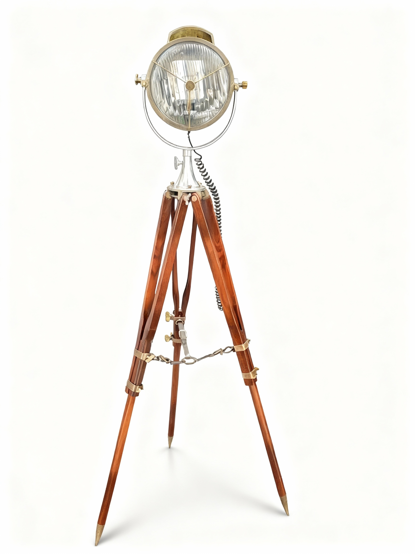Vintage projector floor lamp with varnished wood tripod base and chrome/brass metal adjustable spotlight head, inspired by cinema sets