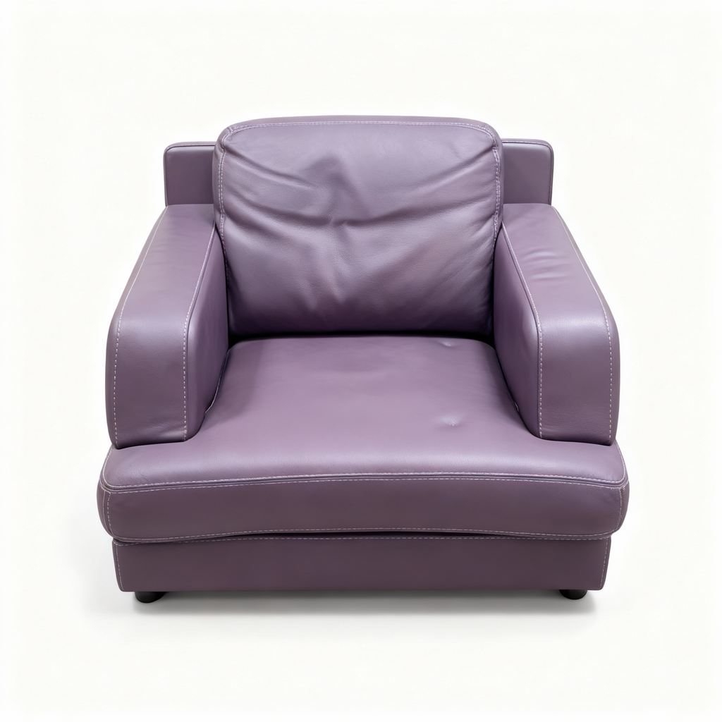 "Violetta" compact club armchair upholstered in premium mauve/purple leather with contrasting topstitching and a removable back cushion