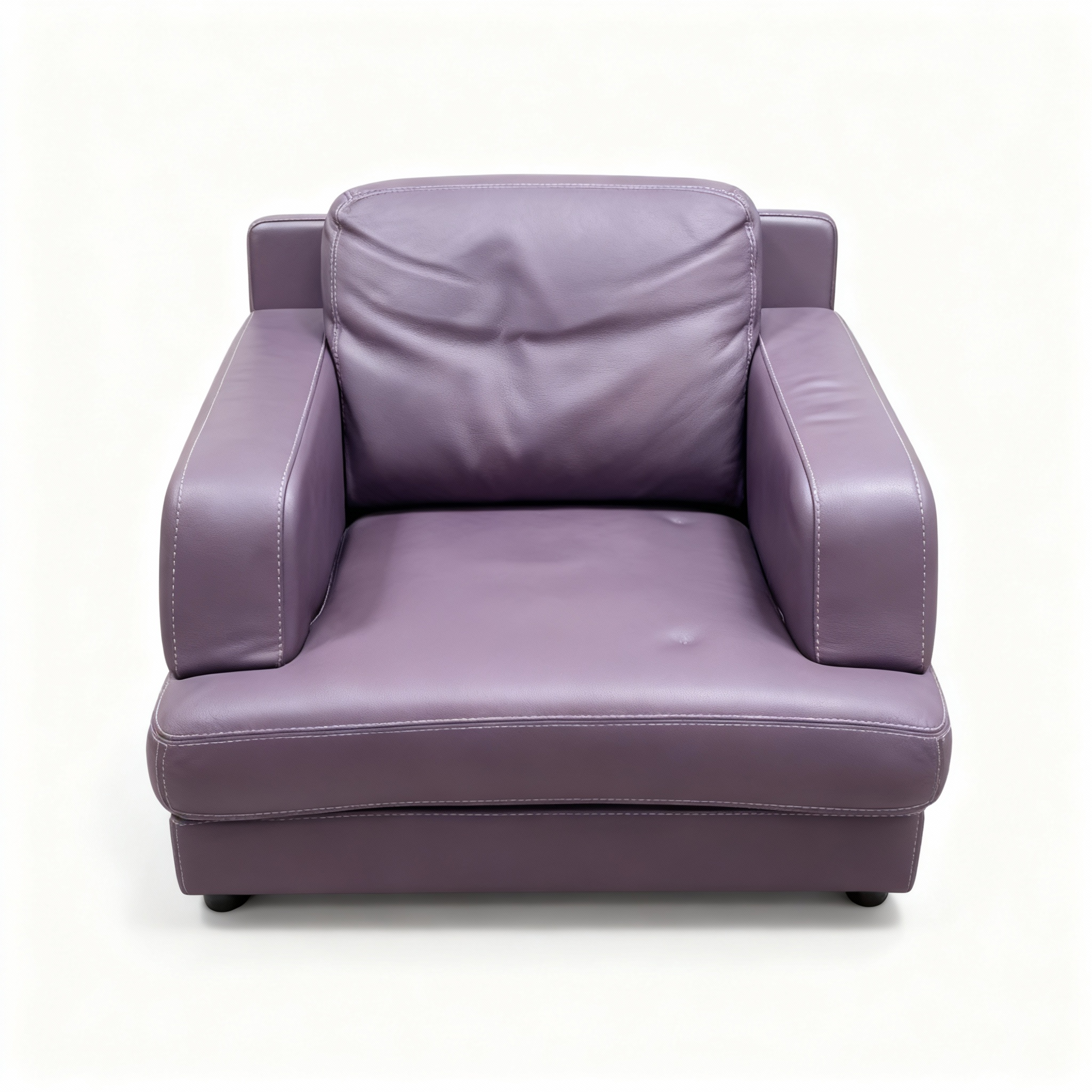 "Violetta" compact club armchair upholstered in premium mauve/purple leather with contrasting topstitching and a removable back cushion