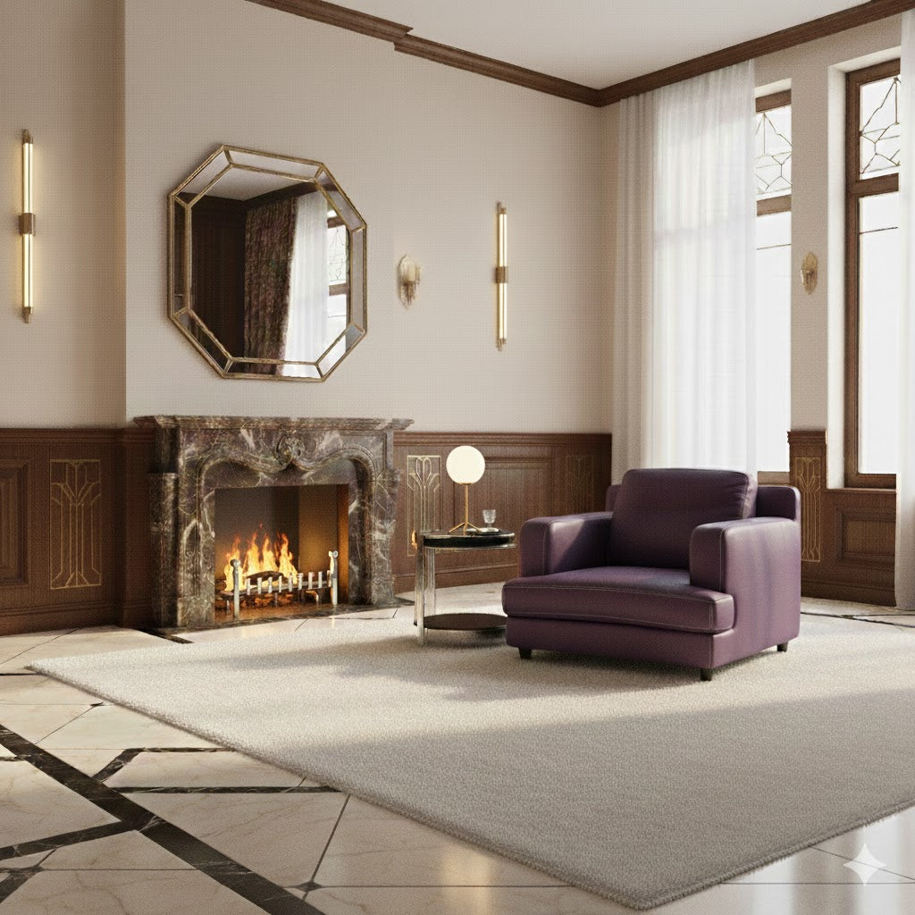 "Violetta" compact club armchair upholstered in premium mauve/purple leather with contrasting topstitching and a removable back cushion