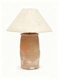Wabi-sabi terracotta table lamp with whitewashed grooved jar base and conical ecru shade