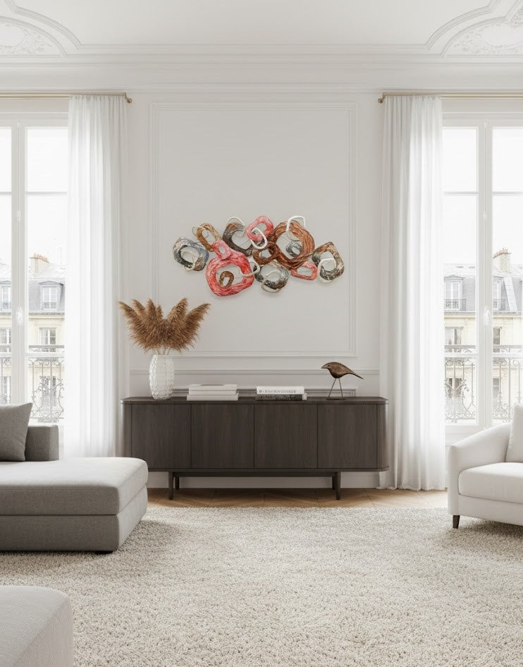 Inner Connections wall sculpture installed above a sofa showing scale