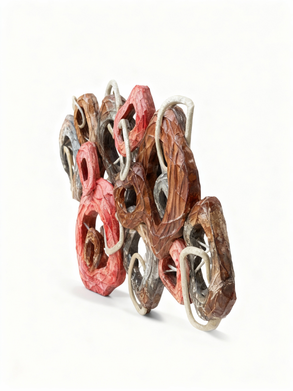 Terracotta ring and white cord detail of the Inner Connections abstract wall sculpture