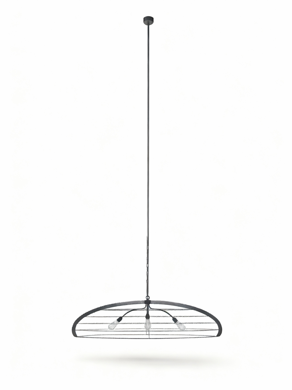 XXL industrial pendant light 140cm with matte black metal frame and decorative mesh shade over three exposed bulbs