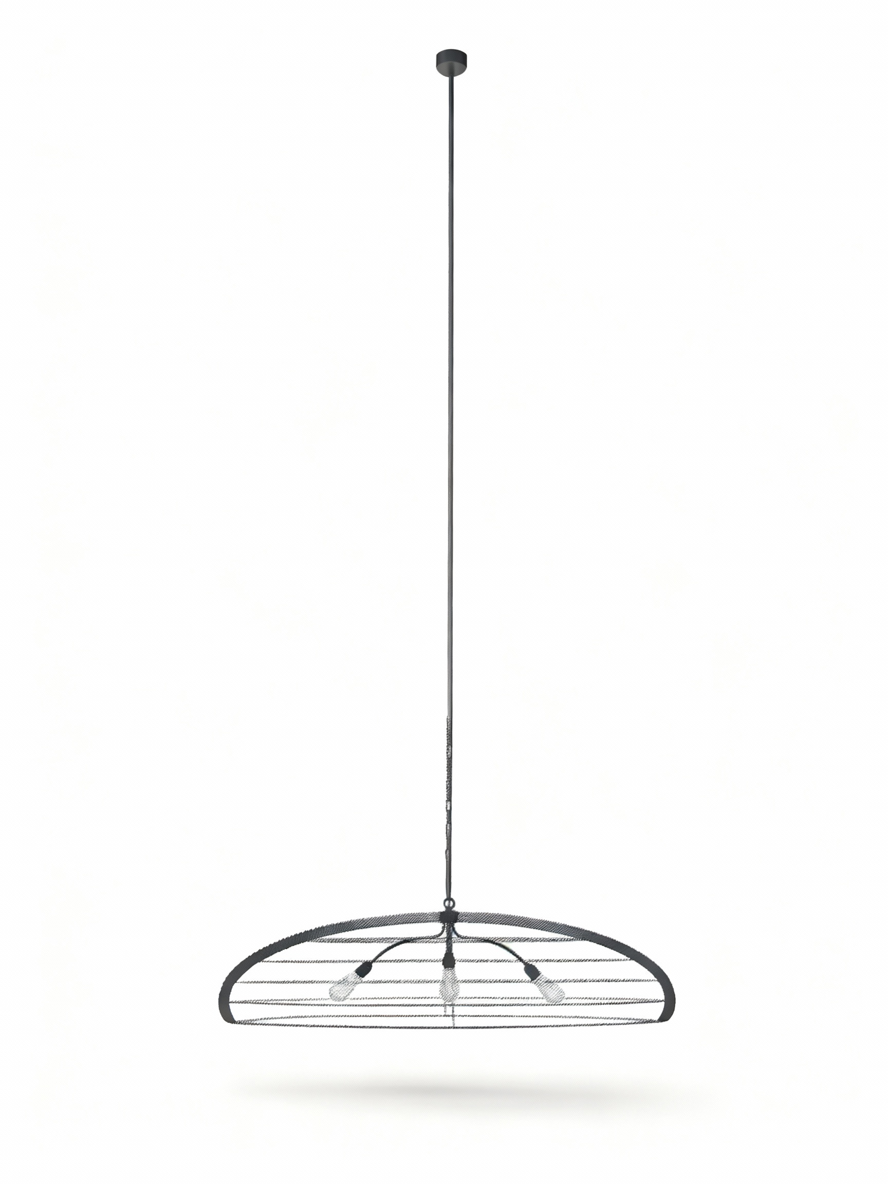 XXL industrial pendant light 140cm with matte black metal frame and decorative mesh shade over three exposed bulbs