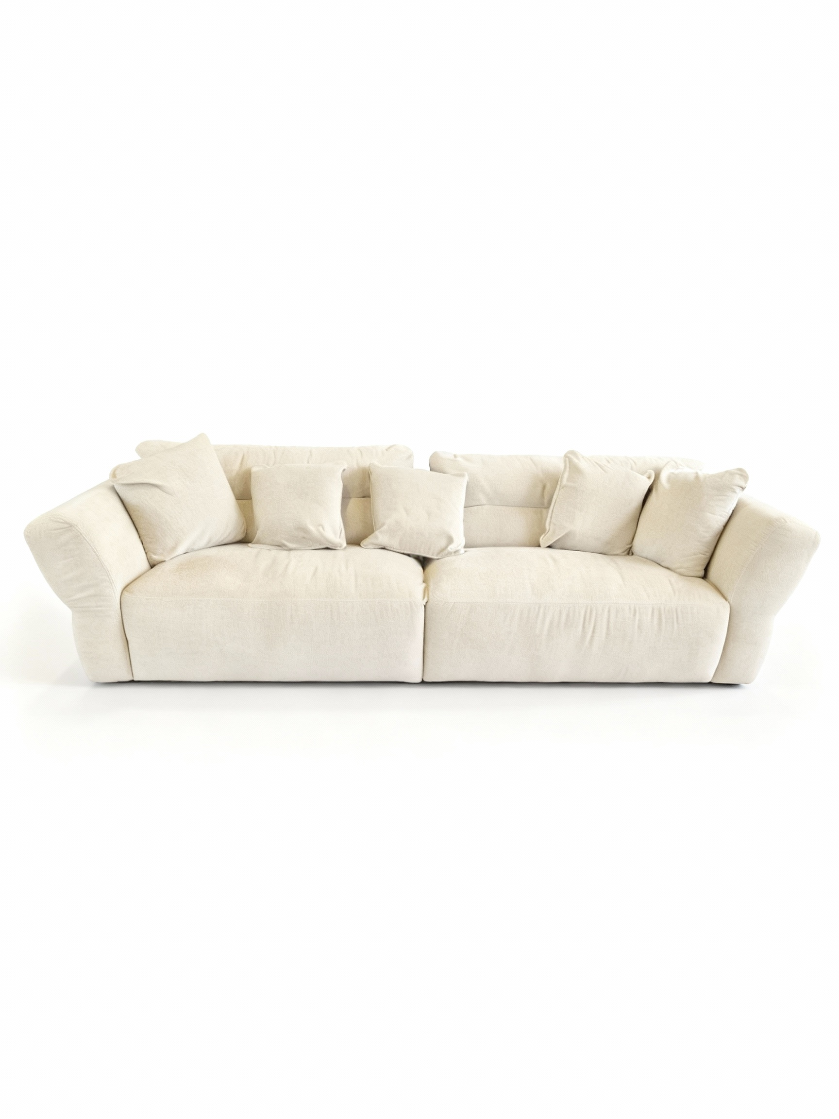 Large modular sofa (280cm) in off-white washable fabric with flared armrests and five plush back cushions