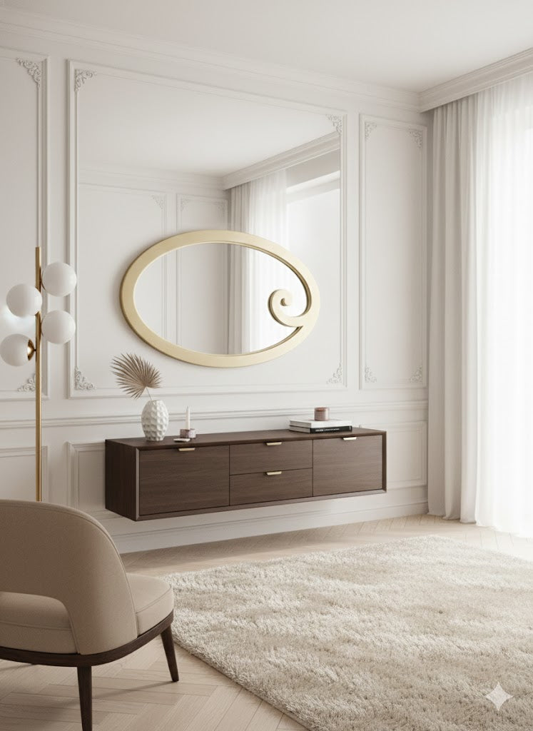 Large oval sculptural mirror (150cm) with a distinctive scroll detail and a brushed gold/brass or silver metallic finish