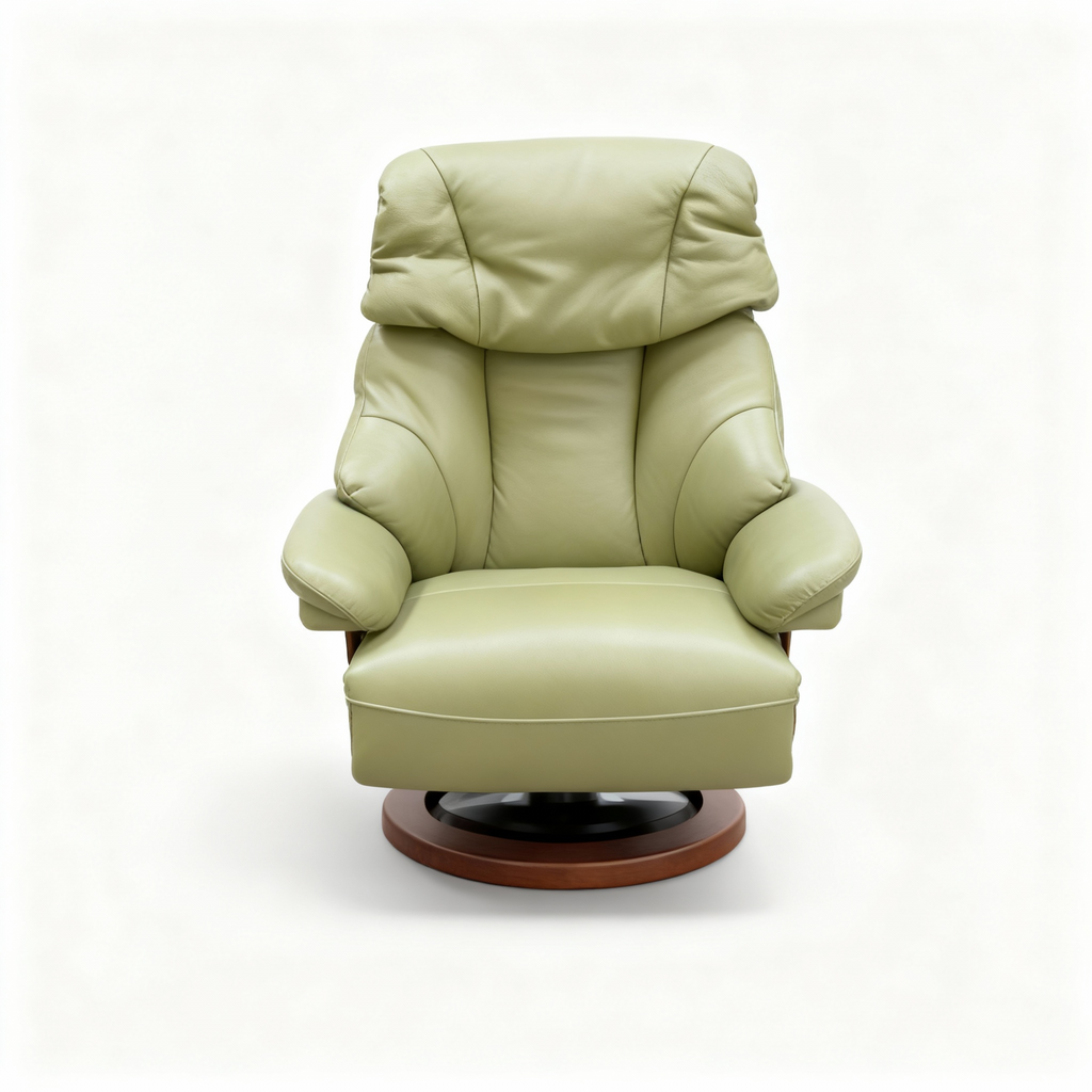 Scandinavian "Zen Swivel" electric reclining chair upholstered in soft pale green genuine leather, featuring a high back and a smooth 360° wooden circular swivel base.