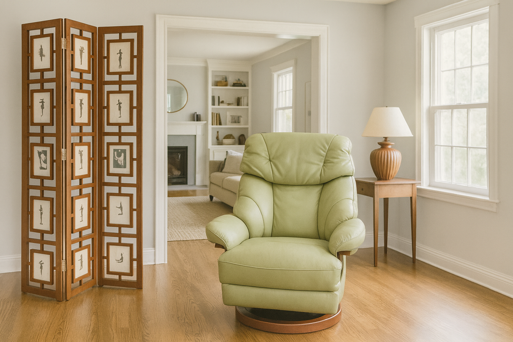 Scandinavian "Zen Swivel" electric reclining chair upholstered in soft pale green genuine leather, featuring a high back and a smooth 360° wooden circular swivel base.