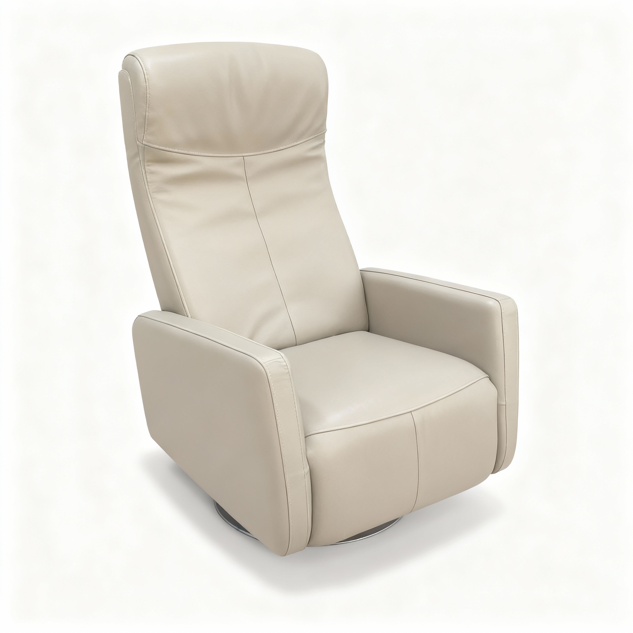 Elegant "Zenith" high-back relaxation armchair upholstered in genuine cream/ivory leather, featuring minimalist armrests and a brushed metal 360° swivel base.
